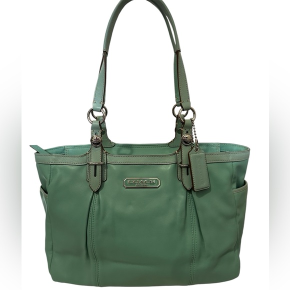 Coach EUC Turquoise Leather Pleated Gallery Shoulder Tote with COA - Picture 1 of 17